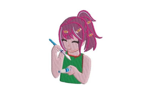 Animestyle Girl with Paintbrush Embroidery