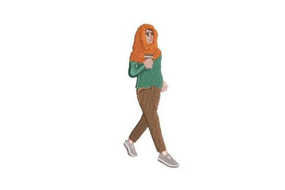 Woman Walking with Take Away Coffee Embroidery